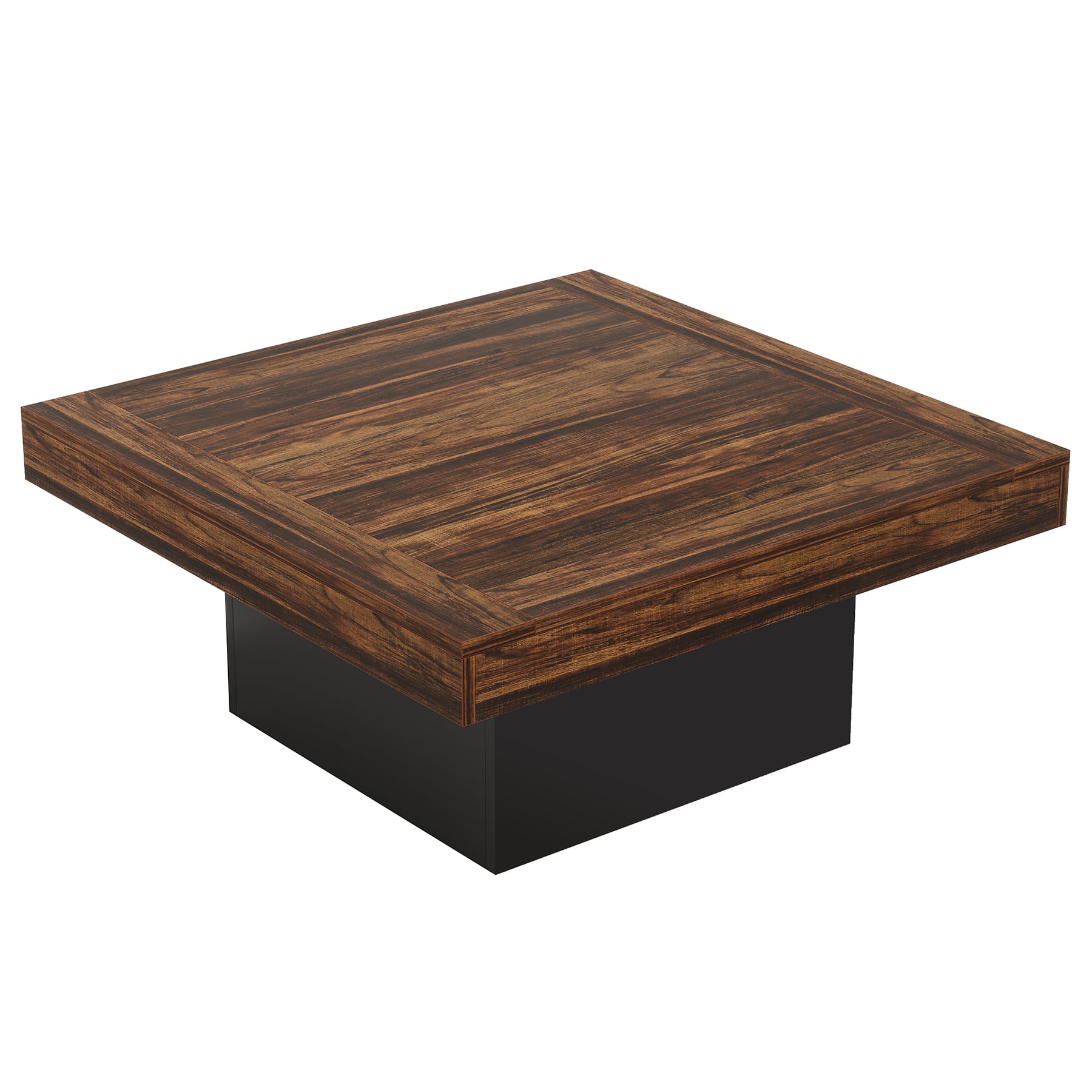 Fnova 36" Farmhouse Coffee Table with LED Lights, Rustic Wood Coffee Table for Living Room, Dark Brown and Black