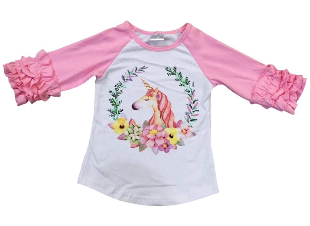 Little Girl Kids Long Ruffle Sleeve Unicorn Print Tee Shirt Top Pink 2T XS 317648 BNY Corner