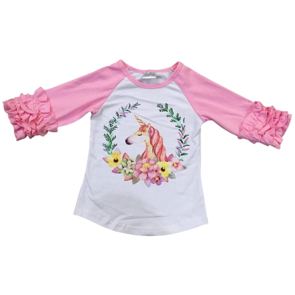 Little Girl Kids Long Ruffle Sleeve Unicorn Print Tee Shirt Top Pink 2T XS 317648 BNY Corner