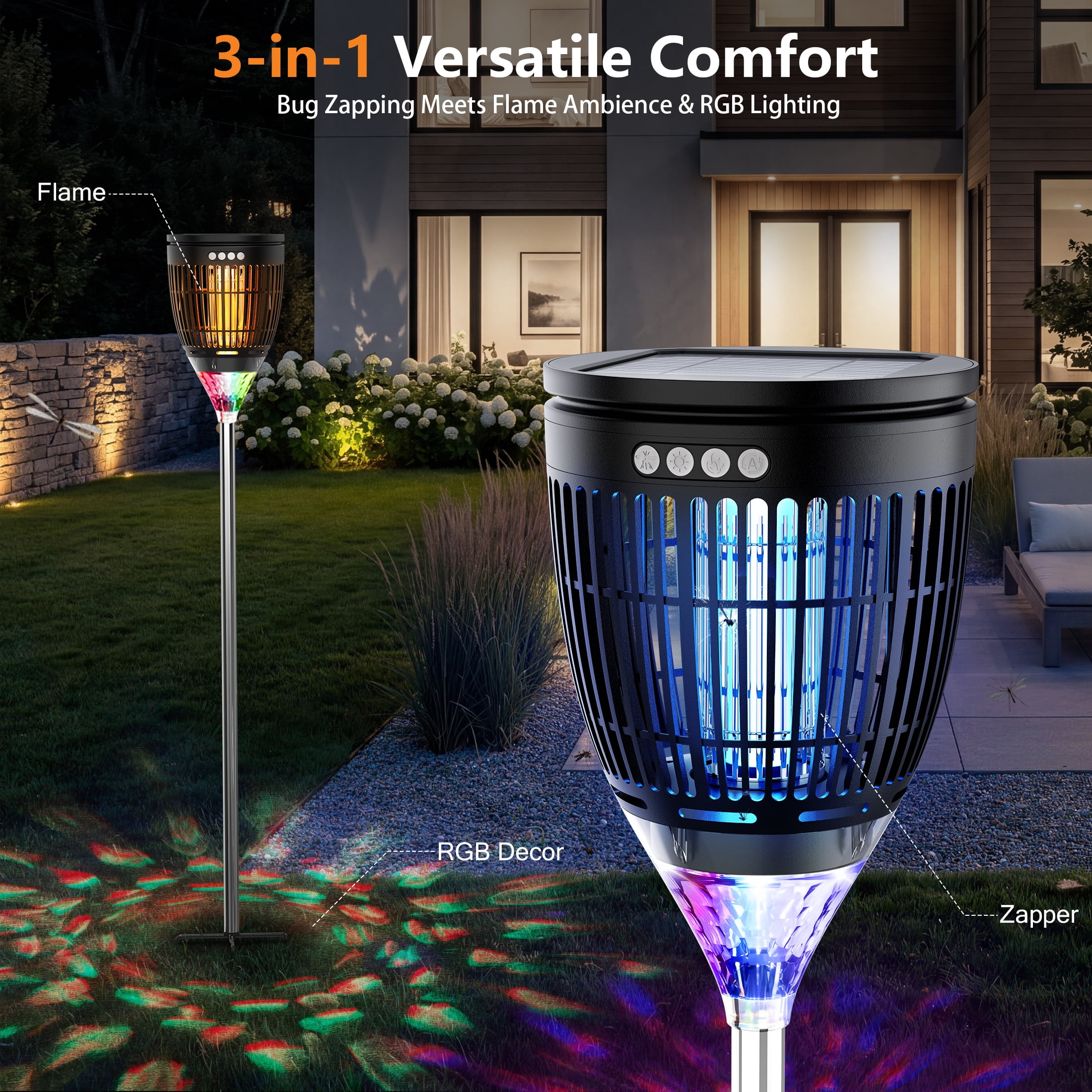 Aukfa Solar Bug Zapper Outdoor, 4200V 3-in-1 Mosquito Zapper, Flame Light & RGB Projector, IPX5