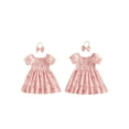 thumbnail image 3 of BemeyourBBs Kids Toddler Baby Girls Summer Smocked Dress Little Girl Cotton Linen Outfit Bow Print Short Sleeve Square Neck Ruffle Dress and Headband Set, 3 of 9