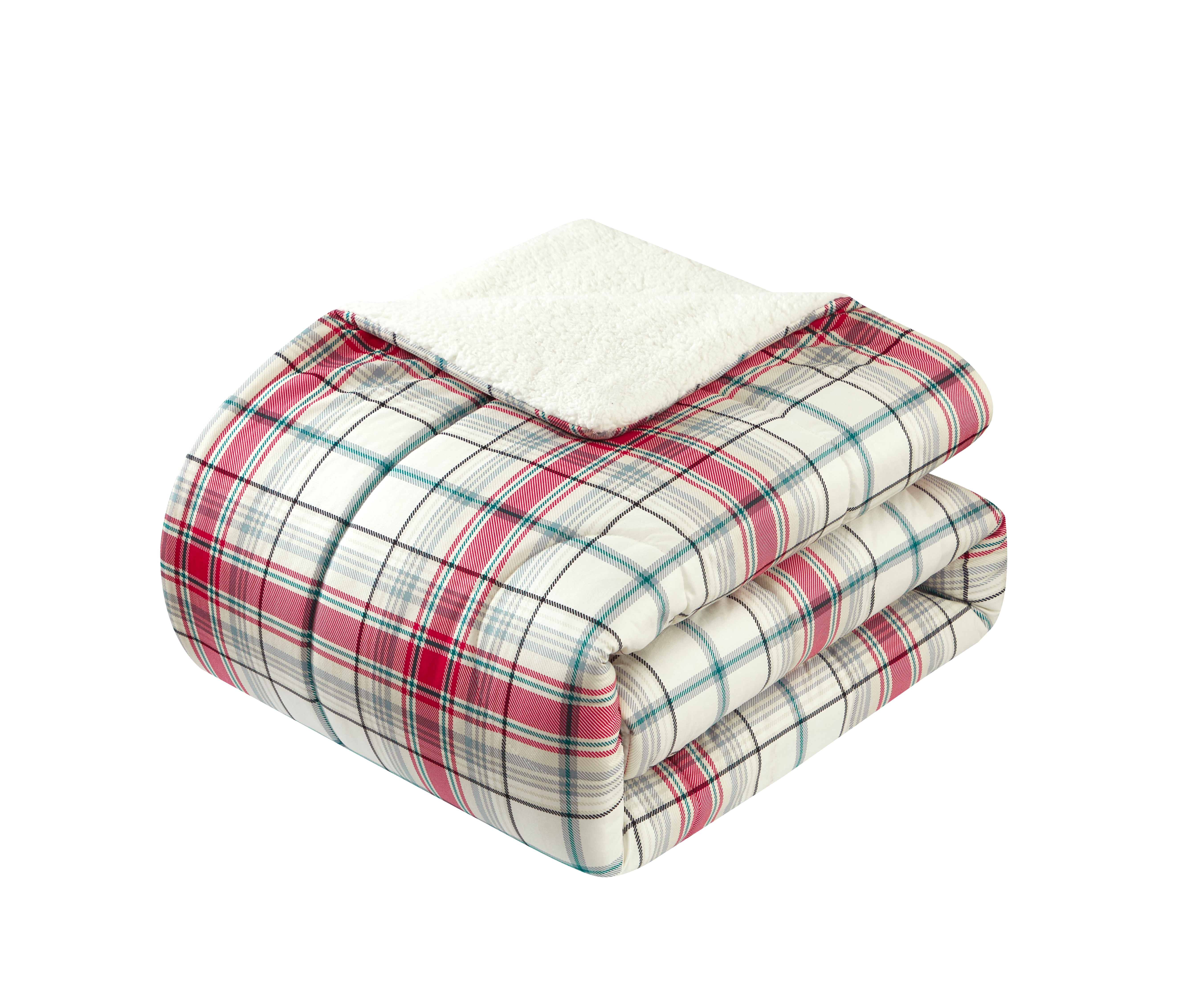 Mainstays Cozy Flannel Reverse to Super Soft Sherpa 3 Piece Comforter Set, King, Red and Green Plaid