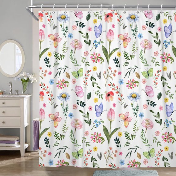 Pbobriich Spring Pink Floral Fabric Shower Curtain, Colorful Wildflower Shower Curtain Bathtub Decor with 12 Hooks , 60''x 72''