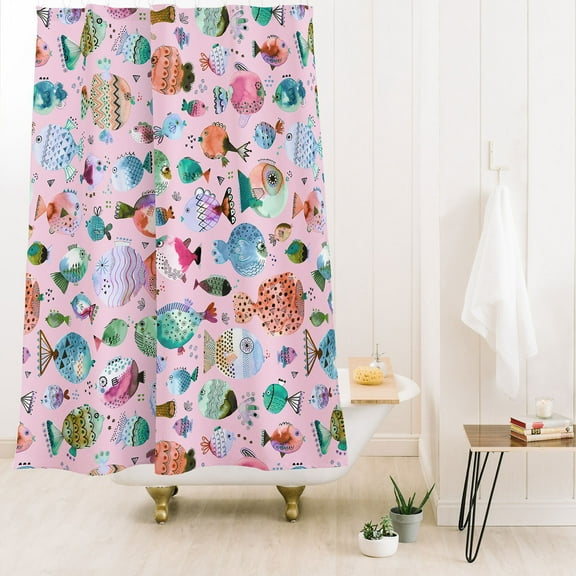 Society6 Ninola Design Happy Colorful Fishes Pink Shower Curtain 71" x 74"