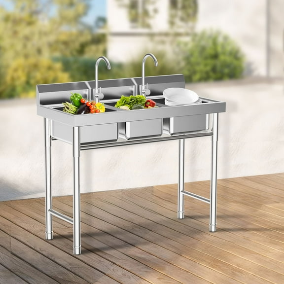 3-Compartment Commercial Stainless Steel Sink with Drainboard | Heavy-Duty Freestanding Prep Washing Table for Restaurant Kitchen Laundry