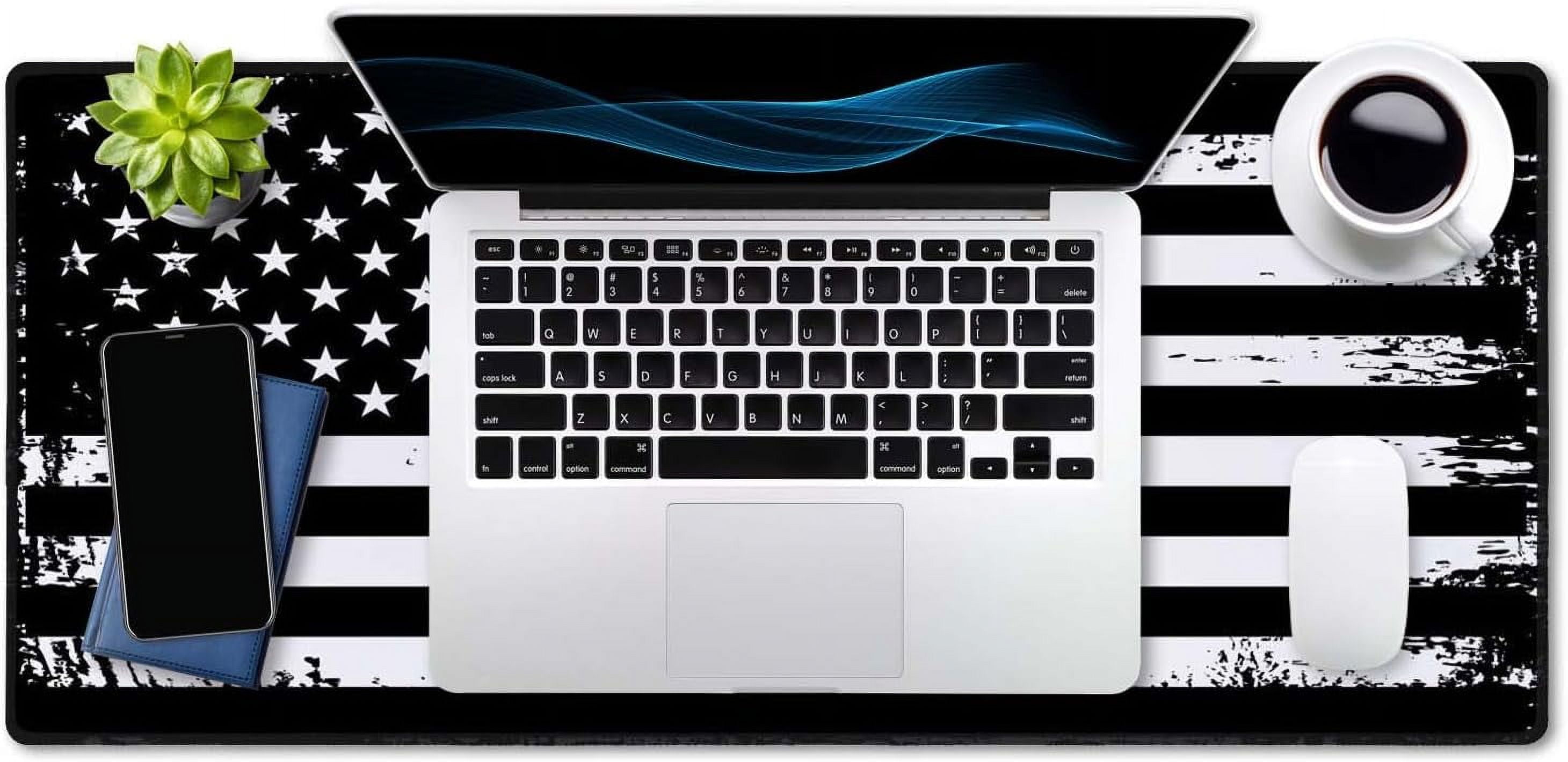 Desk Mat, Extended Gaming Mouse Pad (35.5x15.7 in), Large Non-Slip Rubber Base Mousepad with Stitched Edges, Waterproof Keyboard Mouse Mat Desk Pad - Grunge American Flag USA Flag Black White
