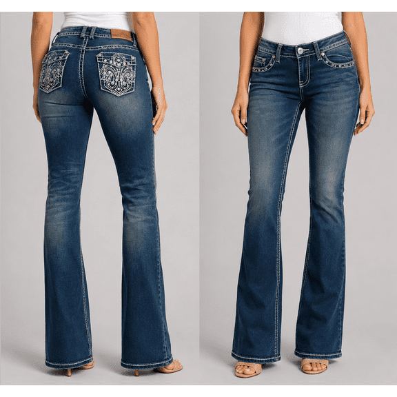 Jack David Rhinestone Studs Dark Wash Denim Bootcut Jeans (NV05008)