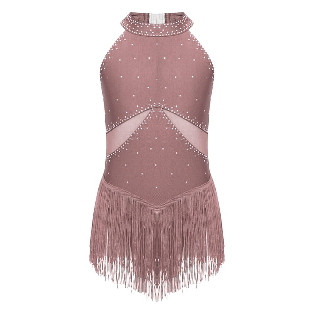 YONGHS Robe de Danse Latine à Franges pour Filles, Costume de Bal à Sequins, Tango Rumba, Tenue de Danse Rose Poussiéreux 12