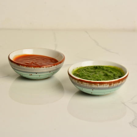 Studio Pottery Ceramic Green Carnival Round Shape Dip Bowls Set Of 2 - 50ml Each | Mini Bowls | Ketchup Bowls | Chutney, Sauce, Pickle Bowls