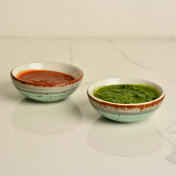 Studio Pottery Ceramic Green Carnival Round Shape Dip Bowls Set Of 2 - 50ml Each | Mini Bowls | Ketchup Bowls | Chutney, Sauce, Pickle Bowls