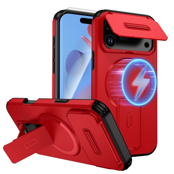 Dteck 2 In 1 for iPhone 17 Pro Max Case, Compatible with MagSafe, Invisible Kickstand HD Screen Protector, Heavy Duty Shockproof Magnetic Phone Cover with Camera Protection,Red