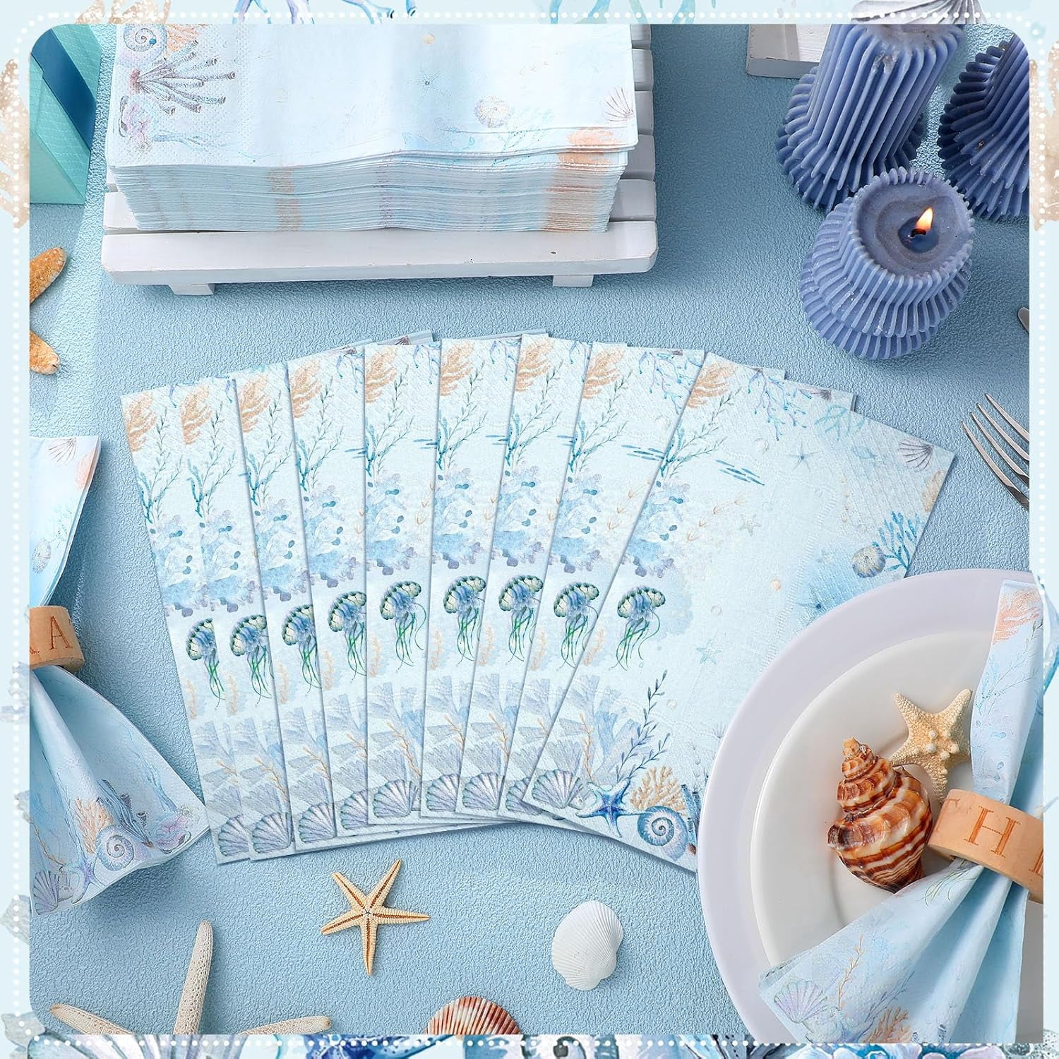 100 Pcs Christmas Coastal Paper Napkins Disposable Blue Sea Ocean Decoupage Napkins Bathroom Guest Seashell Nautical Coral Decorative Paper Towels for Kitchen Wedding Dinner Party