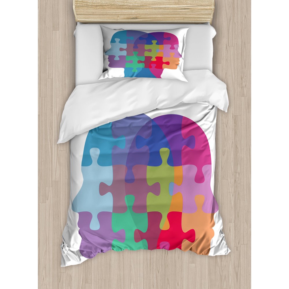 Puzzle Print Duvet Cover Set Twin Size, Jigsaw Colorful Design Graphic