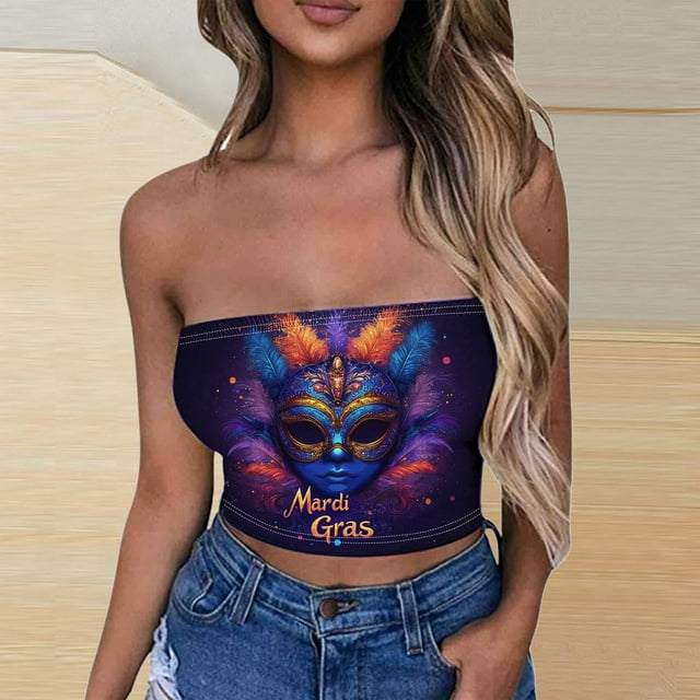 TIMIFIS Mardi Gras Femmes Hauts Courts Sans Bretelles Grande Taille Mode Carnaval Imprimé Sans Manches Tops de Fête