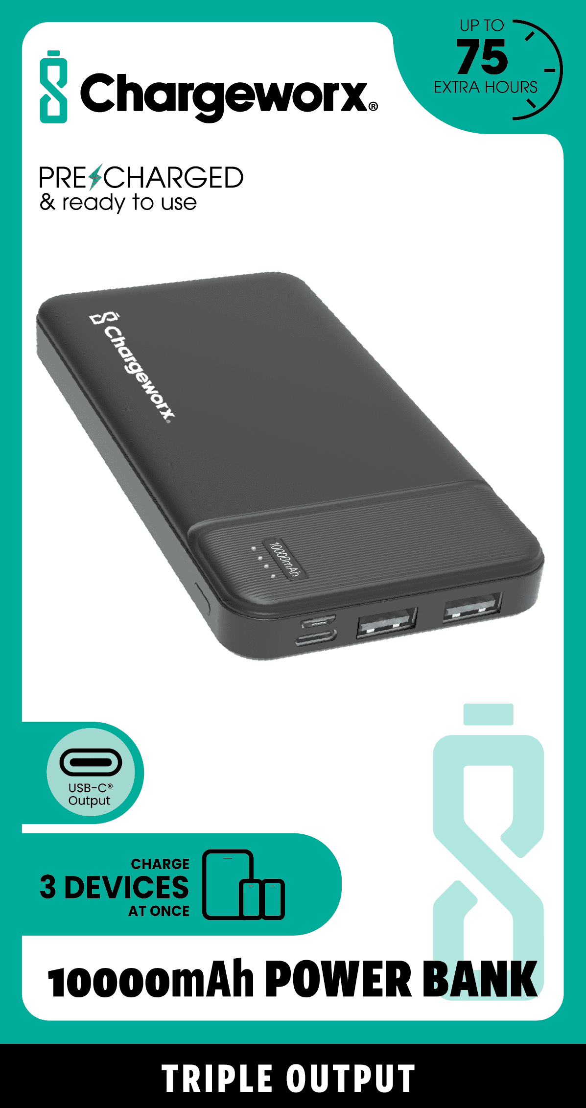 Chargeworx 10000mAh Power Bank – Portable Charger with Triple Output | USB-C, Micro USB & USB Ports | Up to 75 Extra Hours | Compact External Battery Pack for Phones, CX6862