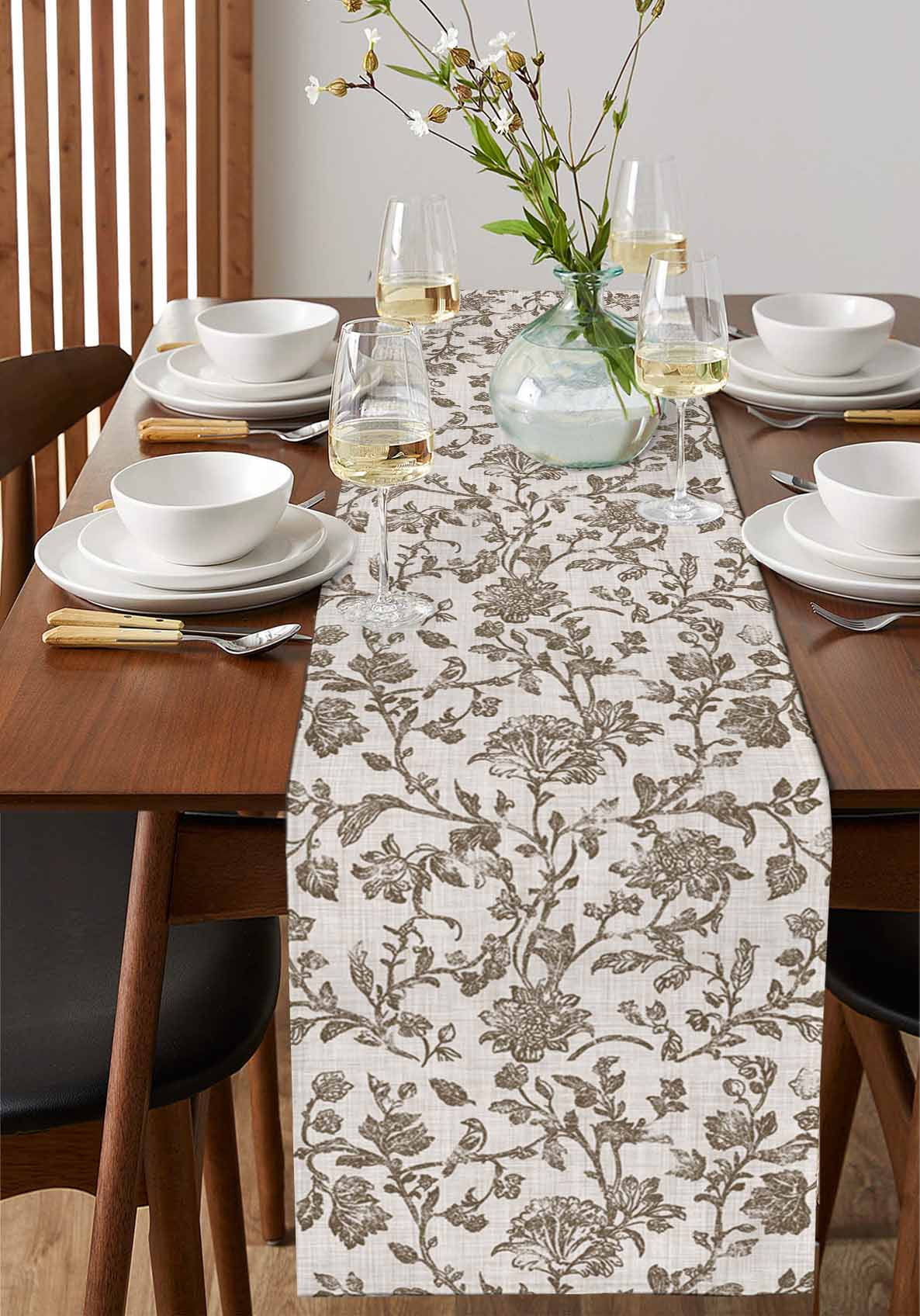 Farmhouse Brown Burlap Cotton Table Runner 13x70 Inches Long, Vintage Flower Leaf Botanical Plant Farmhouse Table Runners, Outdoor Dining Tablecloths Decor for Baby Shower/Party/Wedding
