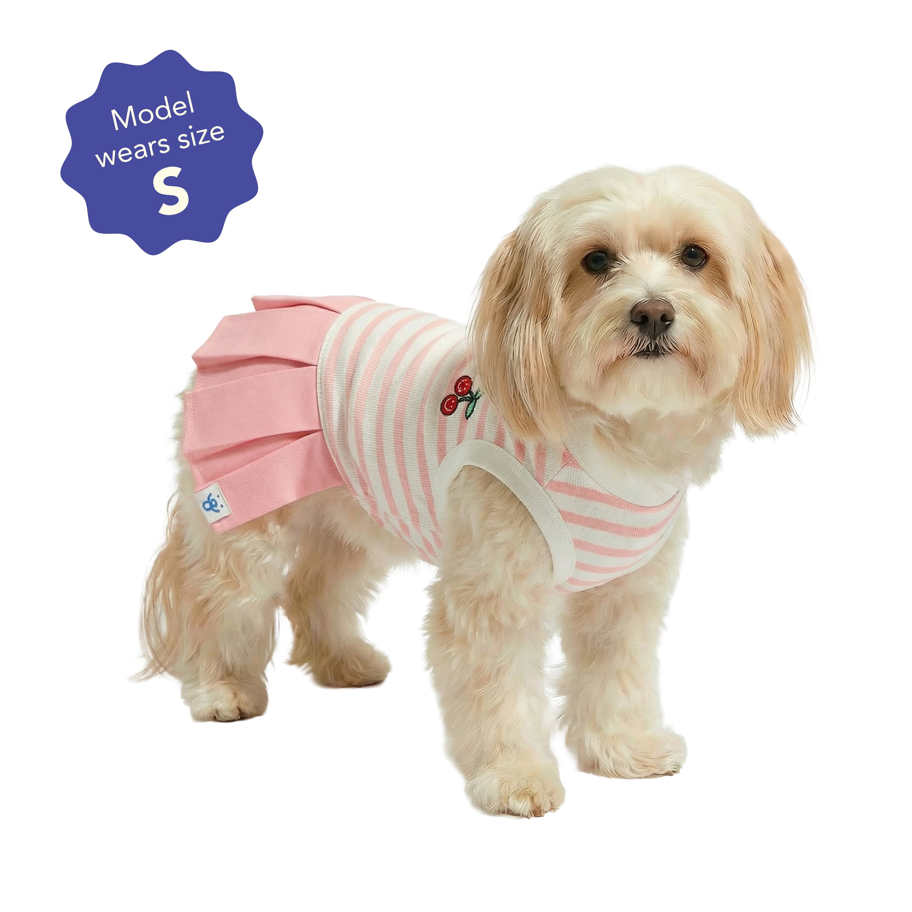 Oodles Pink Striped Cherries Pleated Tennis Spring Dog Dress, Small