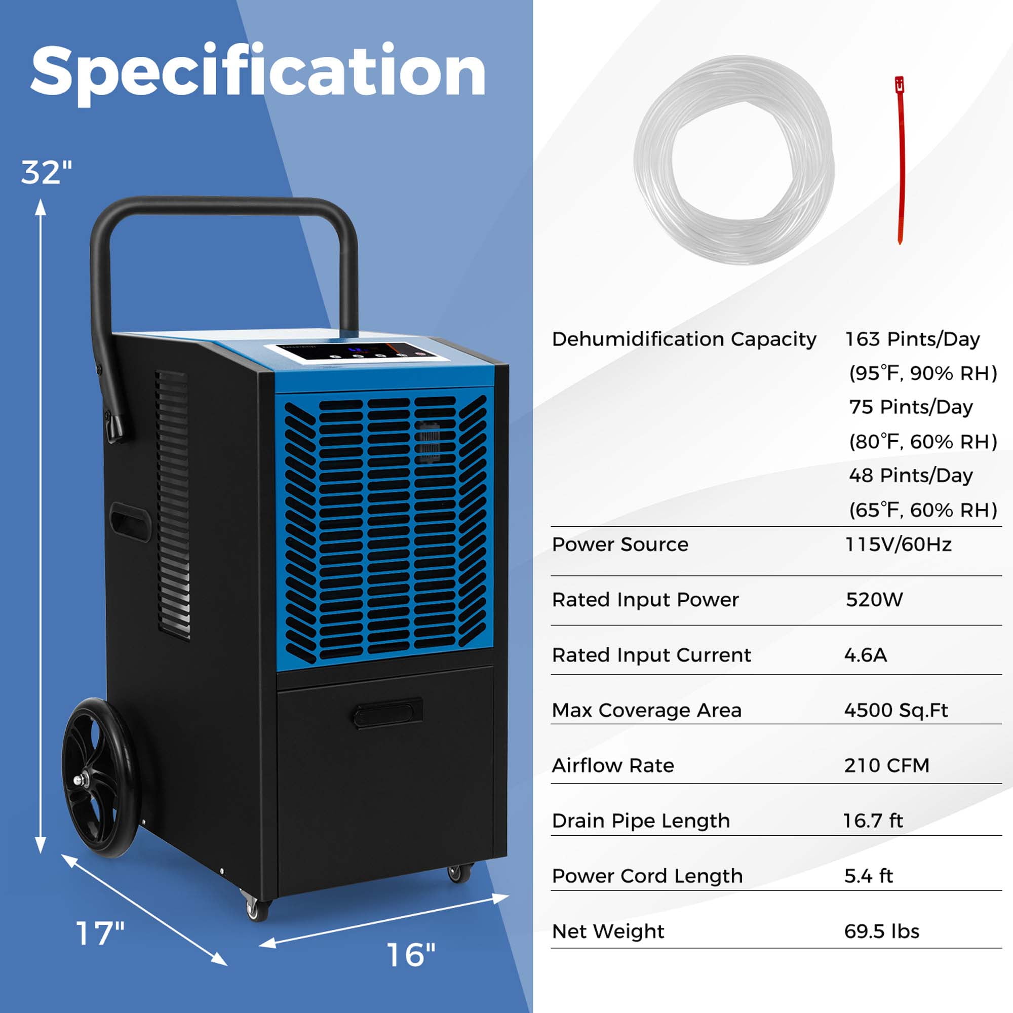 Costway 48-Pint(DOE) Commercial Dehumidifier with Pump & Drain Hose 4,500 Sq. ft Coverage Area Blue (MAX 163Pint at 95°F, 90%RH)