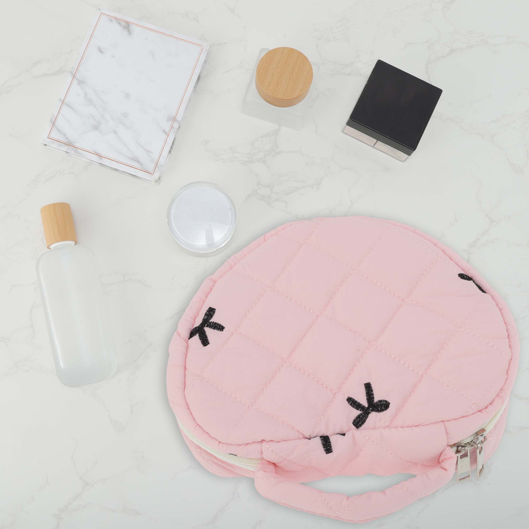 Unique Bargains 1 Pc Heart-shaped Embroidered Bow Makeup Bag Pink