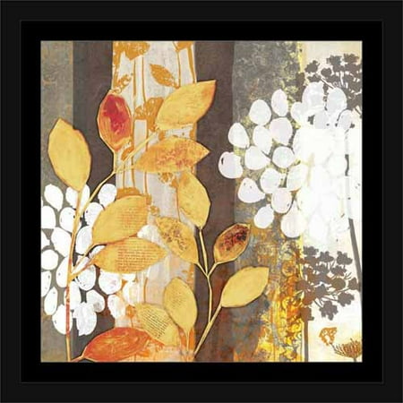 Abstract Stripes & Silhouettes Of Leaves & Flowers Nature Painting Yellow & Grey, Framed Canvas Art by Pied Piper