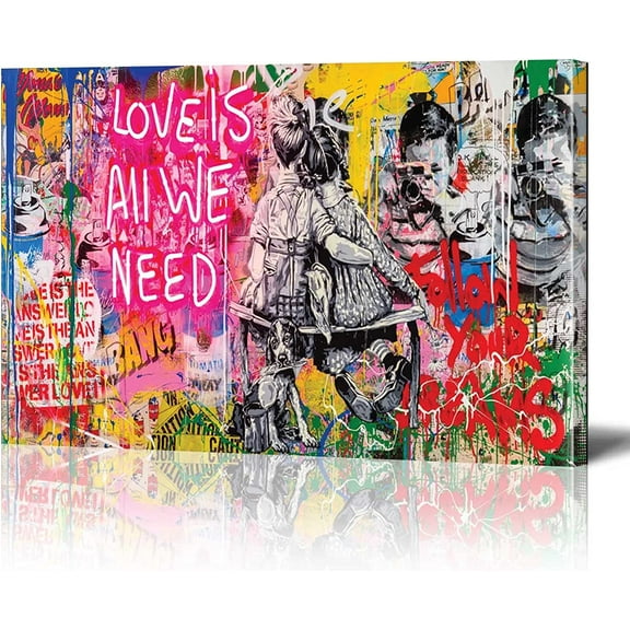 Banksy Canvas Wall Art Love is All We Need Street Graffiti Large Canvas Prints for Living Room Bedroom Home Decorations Modern Stretched Framed Artwork 16x12 inch / 40x30 cm