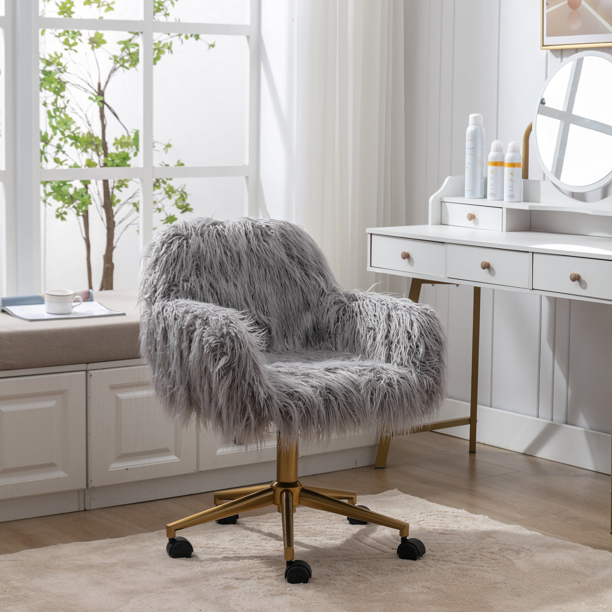 KCC Fluffy Office Desk Chair, Faux Fur Modern Swivel Armchair with Wheels, Soft Comfy Fuzzy Elegant Accent Makeup Vanity Chairs for Women Girls, Home Living Dressing Room Bedroom, Gray