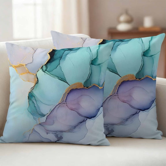Pack of 2 Outdoor Pillow Covers 16x16 Inch Waterproof Teal Purple Marble Throw Pillow Covers,Decorative Couch Pillow Shams Protectors Modern Abstract Luxury Ink Painting Patio Cushion Pillowcases