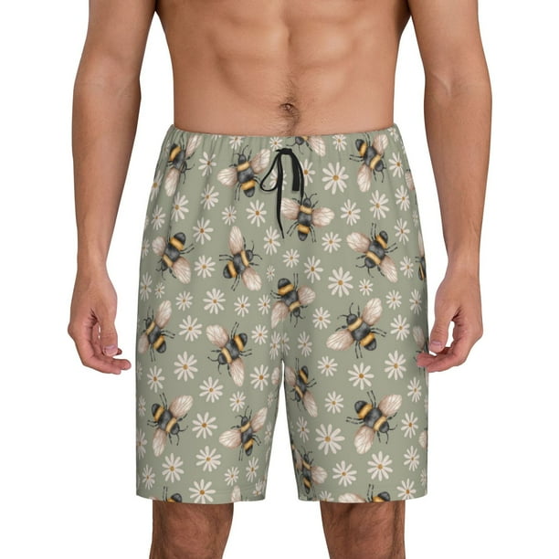 Balery Bees And Chamomile Pantalones cortos de pijama de punto de algodón para hombre con cinturilla y bolsillos-3X-Large