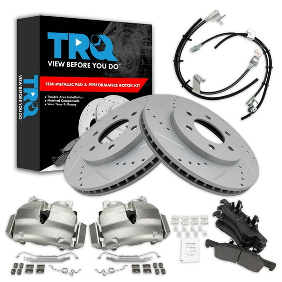 TRQ Front Performance Brake Pad & Rotor Kit Brake Caliper Brake Hose Brake Pads Brake Rotors Set Semi-Metallic Premium G-Coated Fits Select 2003-2006 Ford Expedition Lincoln Navigator