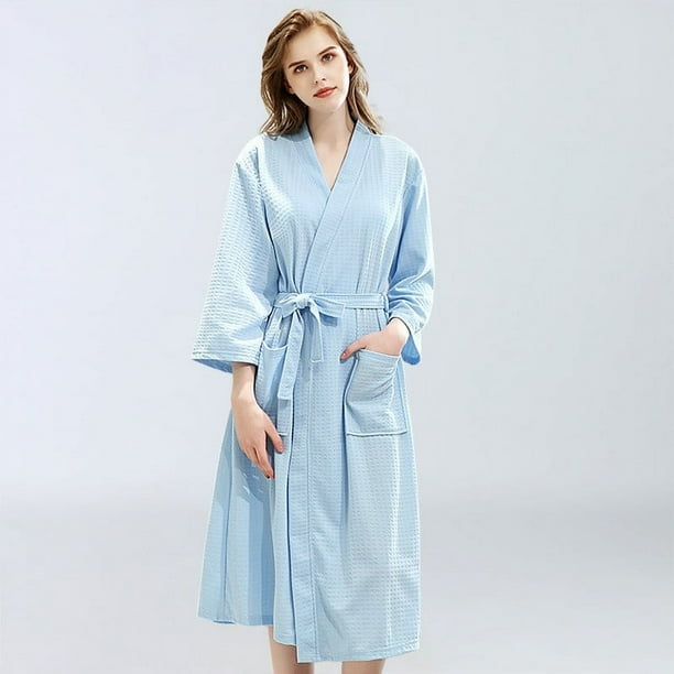 Bata de algodón con diseño de gofre,Batas de pareja, bata de baño tipo kimono larga,Bata de estar por casa Bata de hotel con bolsillos