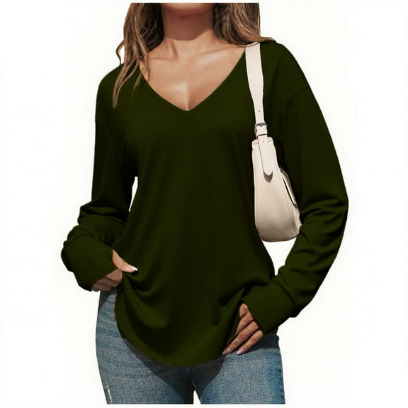 HongQid Women's V Neck Long Sleeve T Shirts Casual Color Block/Solid Tunic Tops Basic Tees for Fall Spring