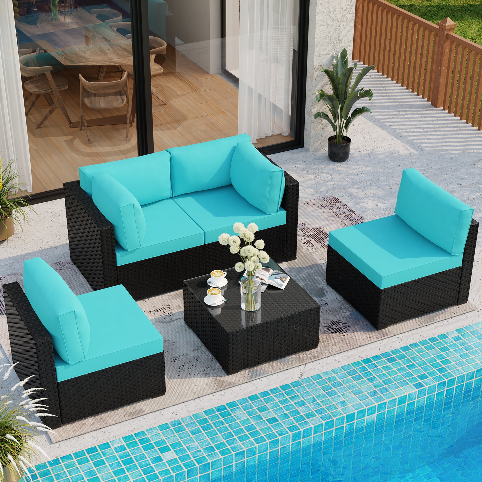 5 Pieces Outdoor Furniture Patio Sectional Sofa Set, Black Wicker