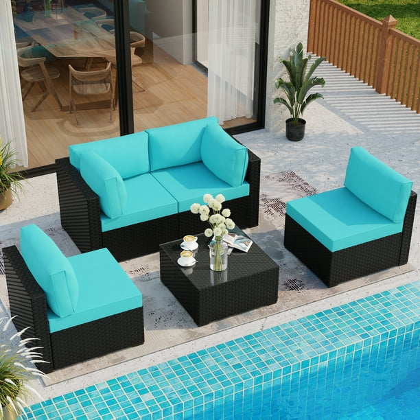 5 Pieces Outdoor Furniture Patio Sectional Sofa Set, Black Wicker Rattan Conversation Sets with