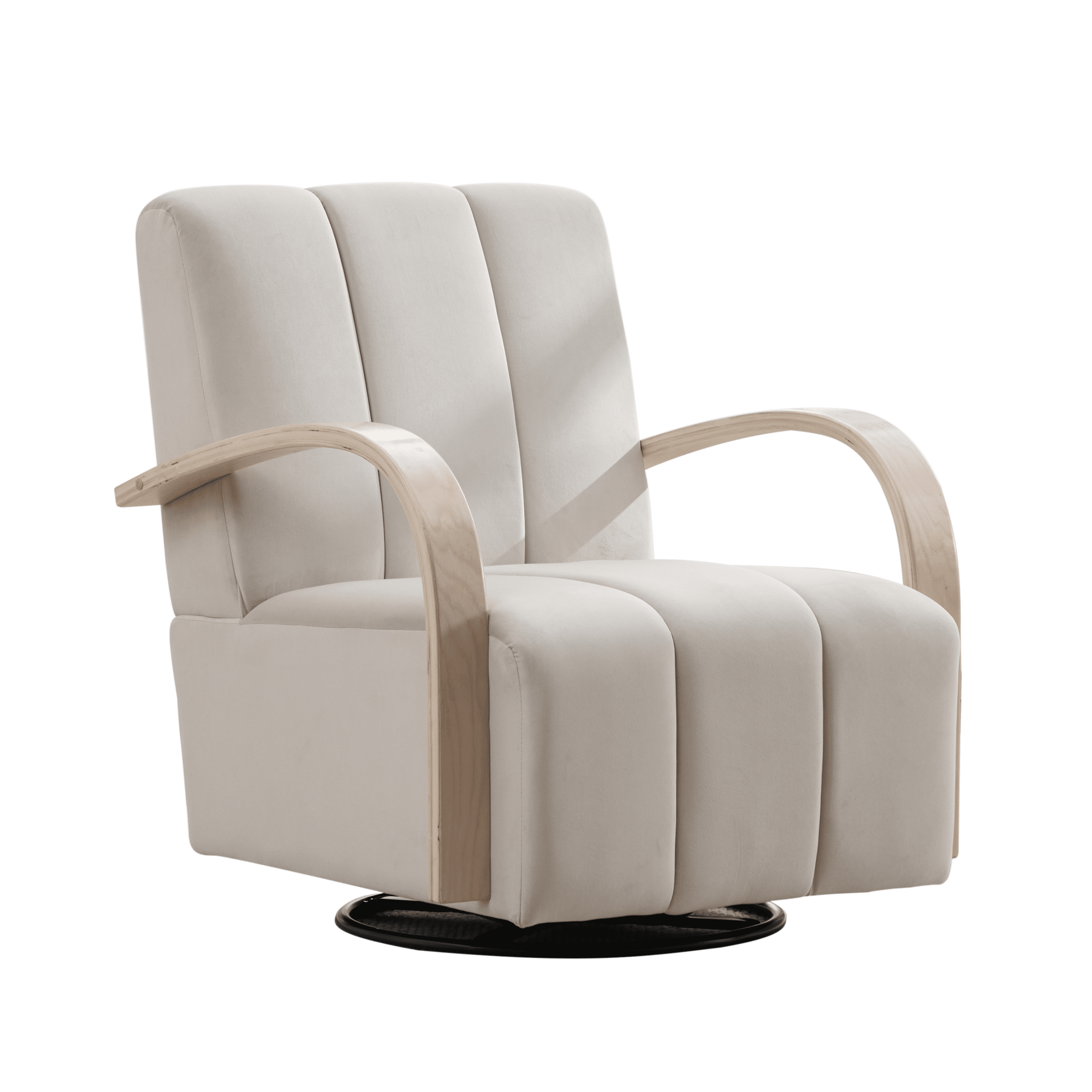 360-Degree Swivel Accent Chair with Solid Wood Armrests and Channel Tufted Backrest, Upholstered Lounge Reading Chair and Vanity Seat for Living Room, Beige
