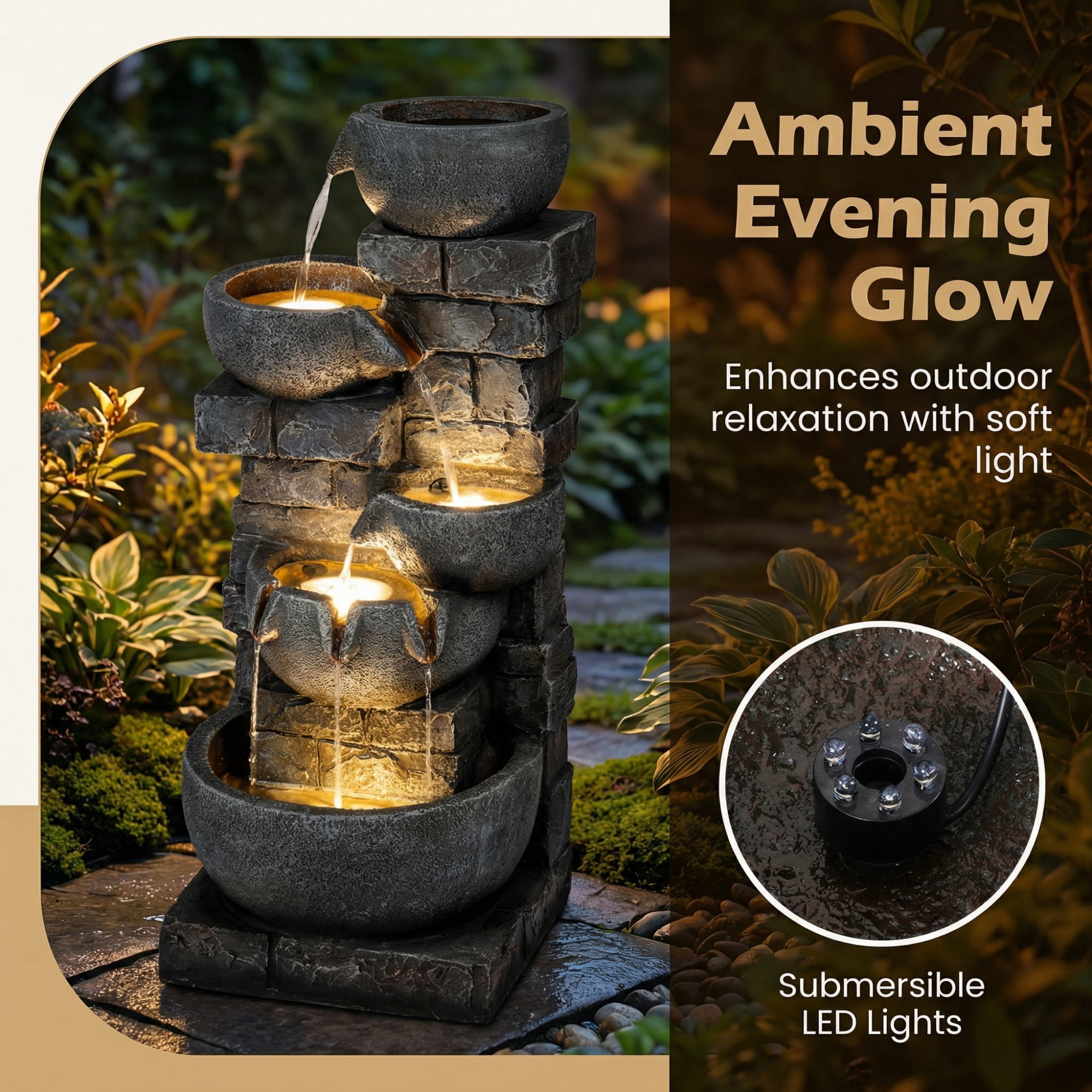 ELLEGNT 33" 5-Tier Cascading Water Fountain with Color-Changing LED Lights – Outdoor Fountain for Patio, Backyard, Porch, Deck, or Garden