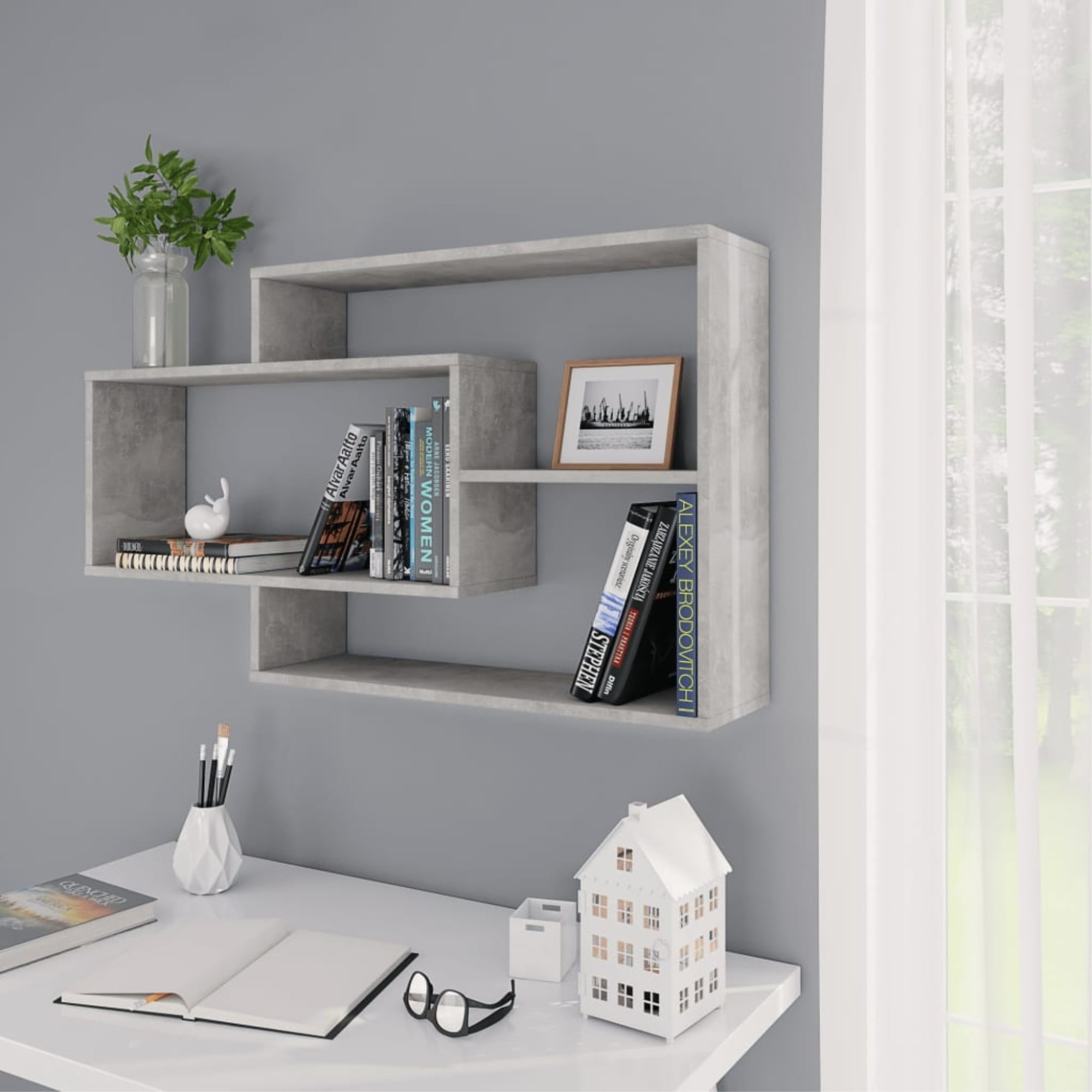 vidaXL CD Wall Shelf 4 Compartments Concrete Gray Chipboard Display Organizer 
