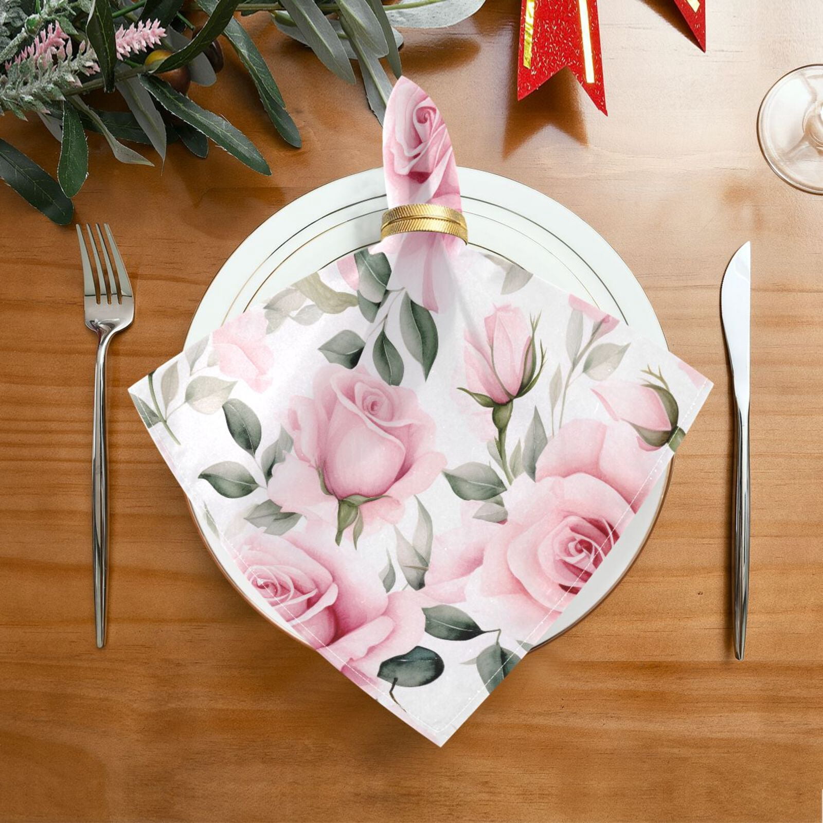 JSTEL Pink Rose Flowers Cloth Napkins Set of 6, 20x20 Inch Washable and Reusable Napkin for Decoupage Dinner Party Everyday Use