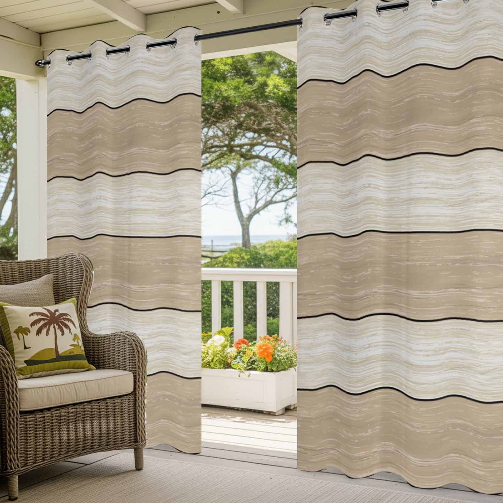 Outdoor Curtains for Patio Waterproof, Brown Ombre Wooden Windproof Pravicy Outside Porch Blackout Curtain, Farmhouse Retro Khaki Wood Sun Blocking Grommets Curtains for Cabana 2 Panels 54"x84"