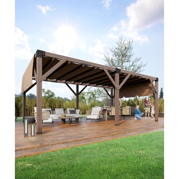 IdealHouse 12x20 Ft Wood Pergola with Retractable Sunshade Canopy - Solid Cedar-Spruce Composite Structure, for Backyard/Deck/Garden, Reddish-Brown