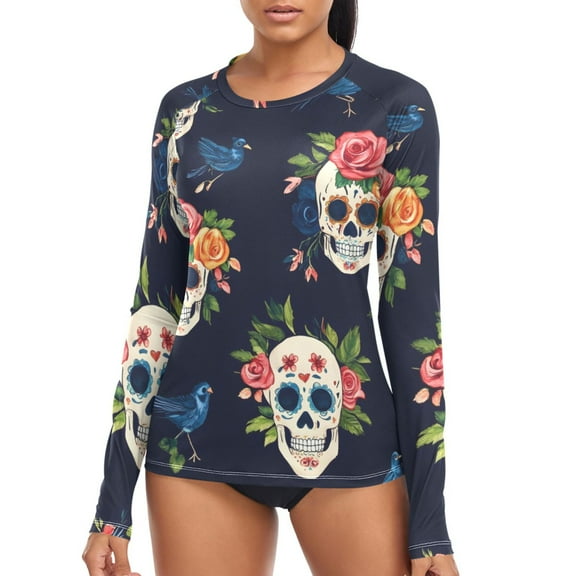 joogoo Womens UPF 50  Sun Shirts Skulls Roses Long Sleeve UV Protection Rash Guard Tops S