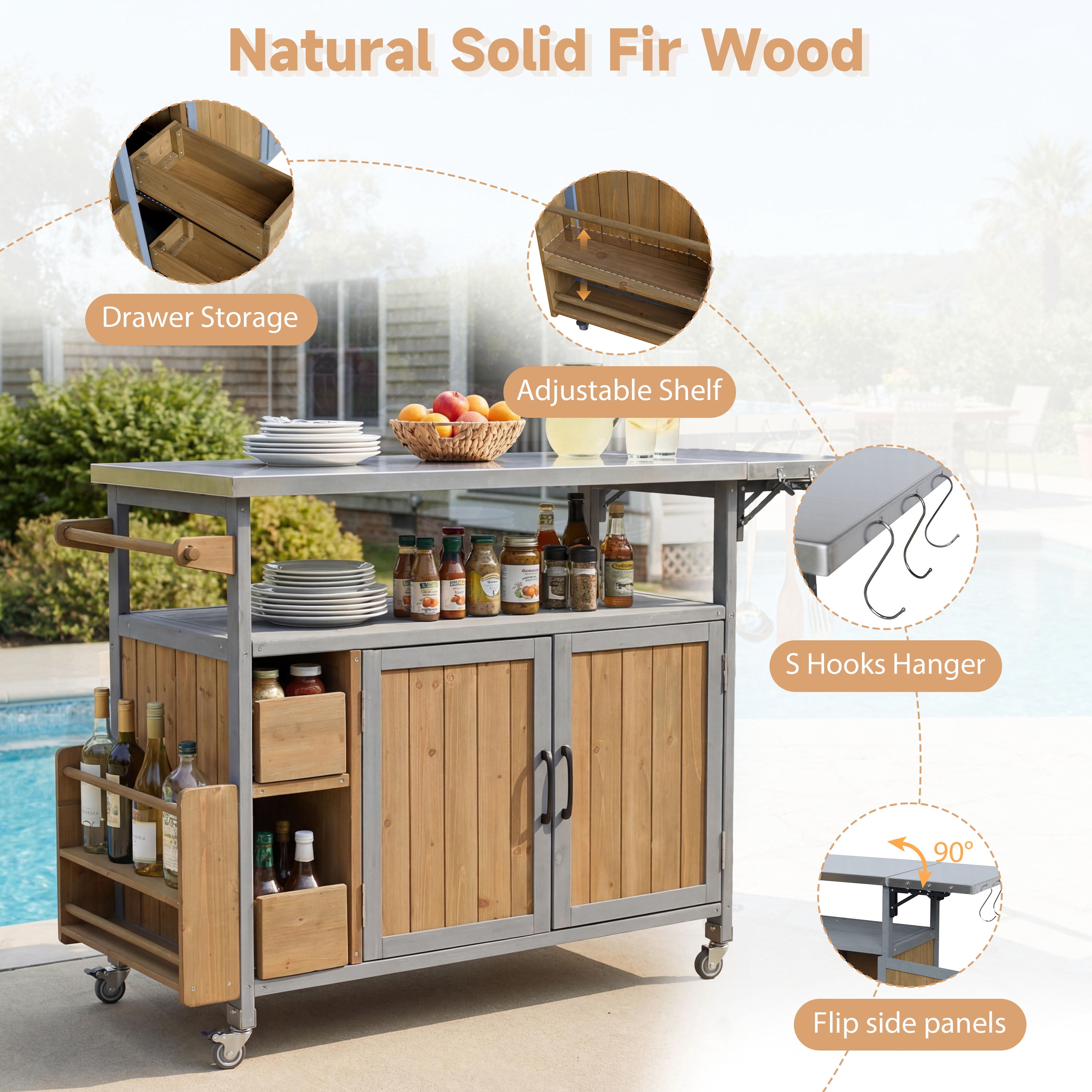 Rolling Kitchen Cart, 54.33 Inch Farmhouse Outdoor Serving Cart for Patio Backyard BBQ, Black