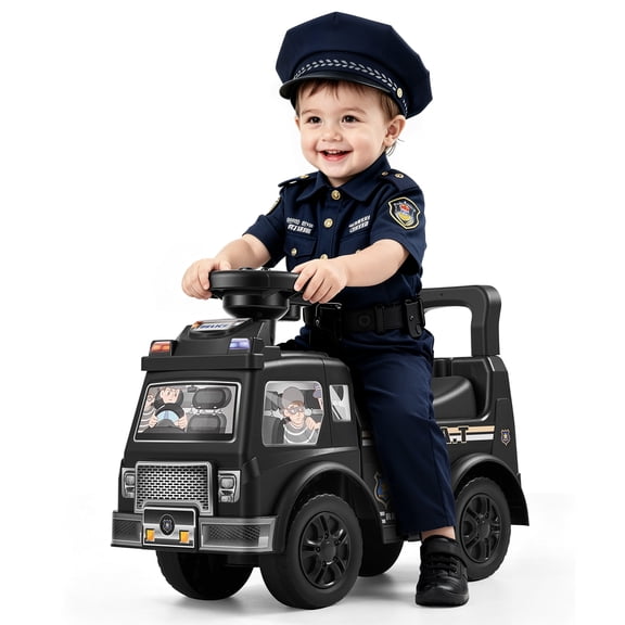 VEVOR Ride On Push Police Car for Toddlers Age 19  Months Sit-to-Stand Ride, Kids Ride On Car for Boys Girls, Music Steering Wheel, Horn, Under-Seat Storage, Detachable Back, Black