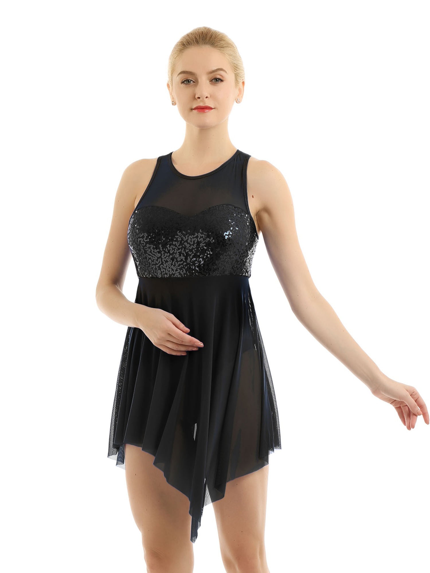 Women's Adult Tulle Latin Ballet Dance Tutu Skirt Glitter Asymmetric Short Dress 