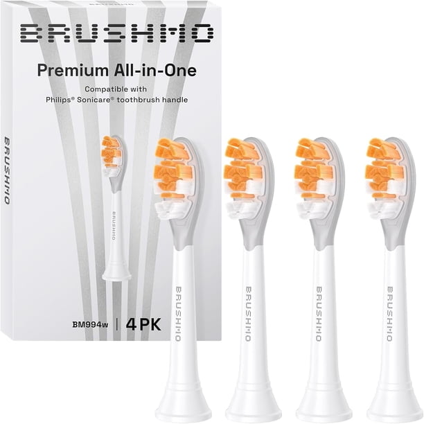 Brushmo Cabezales de Repuesto Todo en uno, Compatibles con Mangos de Cepillos de Dientes Eléctricos Philips Sonicare Click-on, Suaves, Paquete de 4, BM994, Blancos
