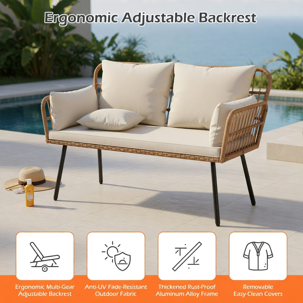 Hommoo Hommoo 2-Person Outdoor PE Rattan Loveseat with Removable Cushions, Heavy-Duty Metal Frame, Ergonomic Backrest, Off-White