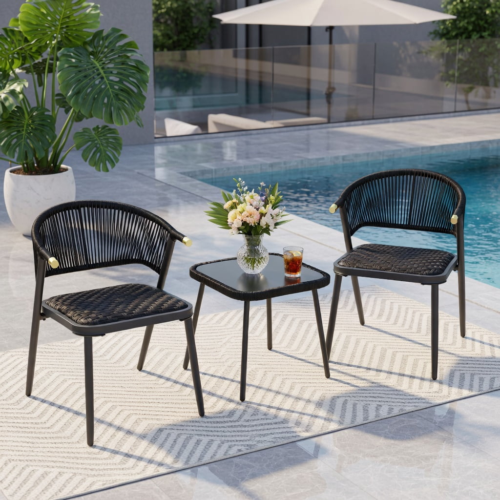Hommoo 3-Piece Outdoor Rattan Patio Furniture Set, PE Wicker Chairs with Metal Frame & Tempered Glass Coffee Table for Backyard, Poolside, Balcony, Brown