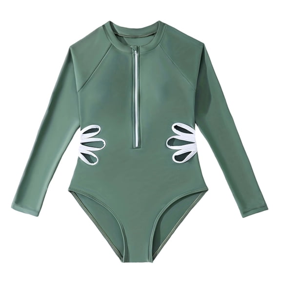 Likimi Child Kids Girls One Piece Swimsuit With Zipper Long Sleeve Solid Color Crew Neck Hollow Out Casual Fashionable Swimwear For Swim Beach Army Green Size 6-7 Years