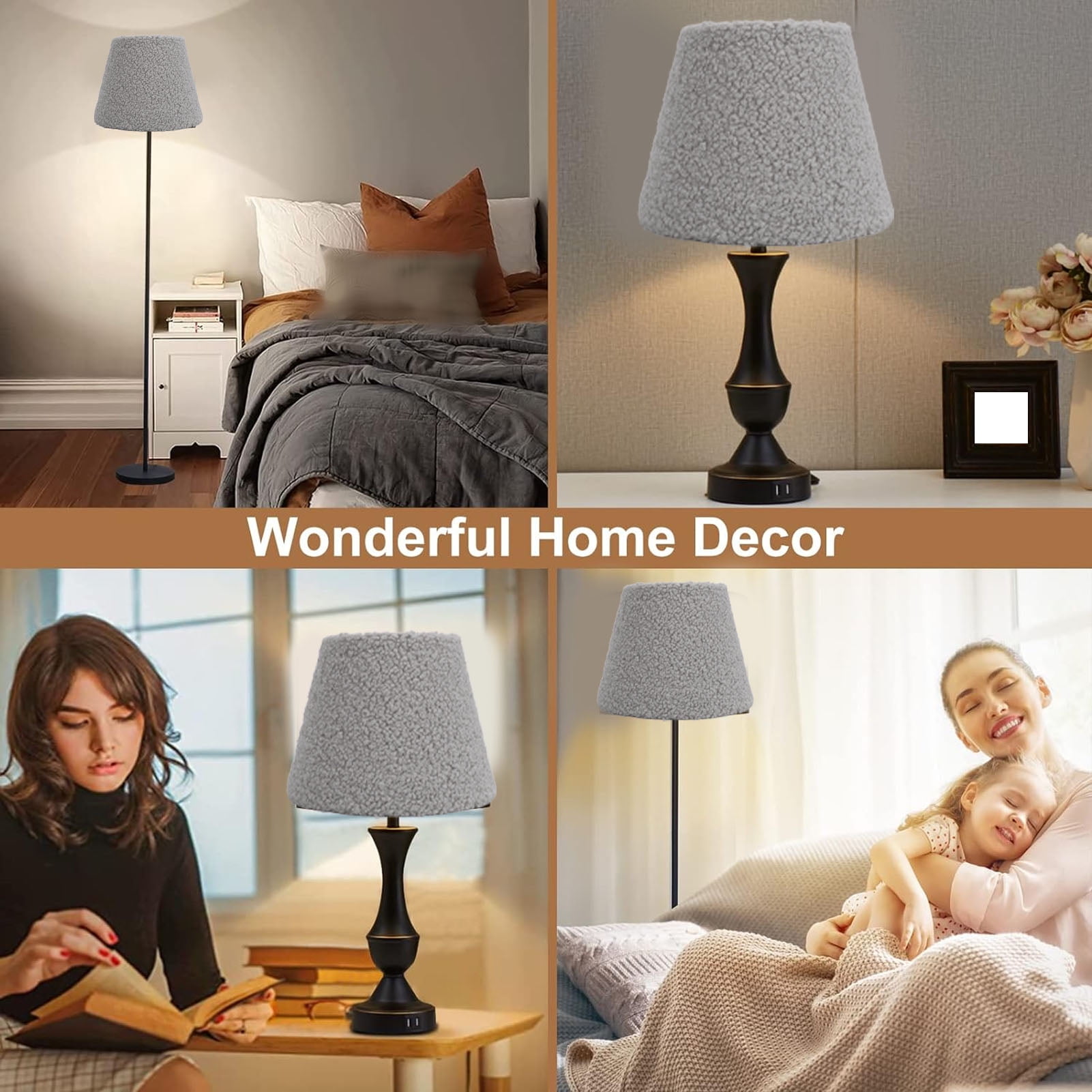 YAHHU Plush Cloth Lamp Shade Replacement Decorative Soft Comfortable Cone Round Lamp Shade for E27 E14 Table Lamp, Grey (6.7 inches / 17 cm)