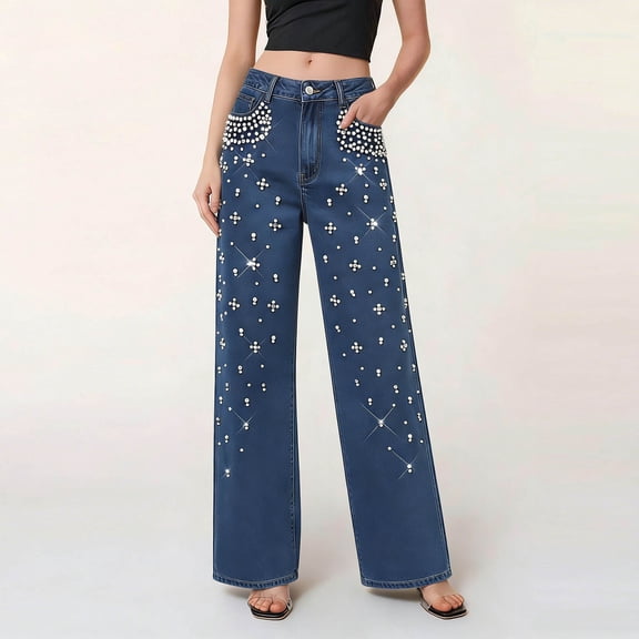 Karight Womens High Waisted Wide Leg Jeans Rhinestone Embellished Denim Pants Casual Baggy Straight Leg Jeans with Pockets