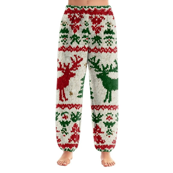 Women's Christmas Print Cuffed Casual Pants and Pajama Pants, Home Sleepwear, Comfortable Lounge Bottoms for Women, Solid Color Trousers with Elastic Waist, Beige, L